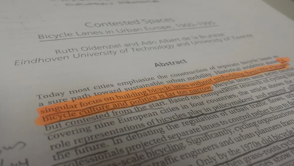 Article by Ruth Oldenziel and Adri A. Albert de la Bruhèze (2011) 'Contested Spaces Bicycle Lanes in Urban Europe, 1900–1995'.